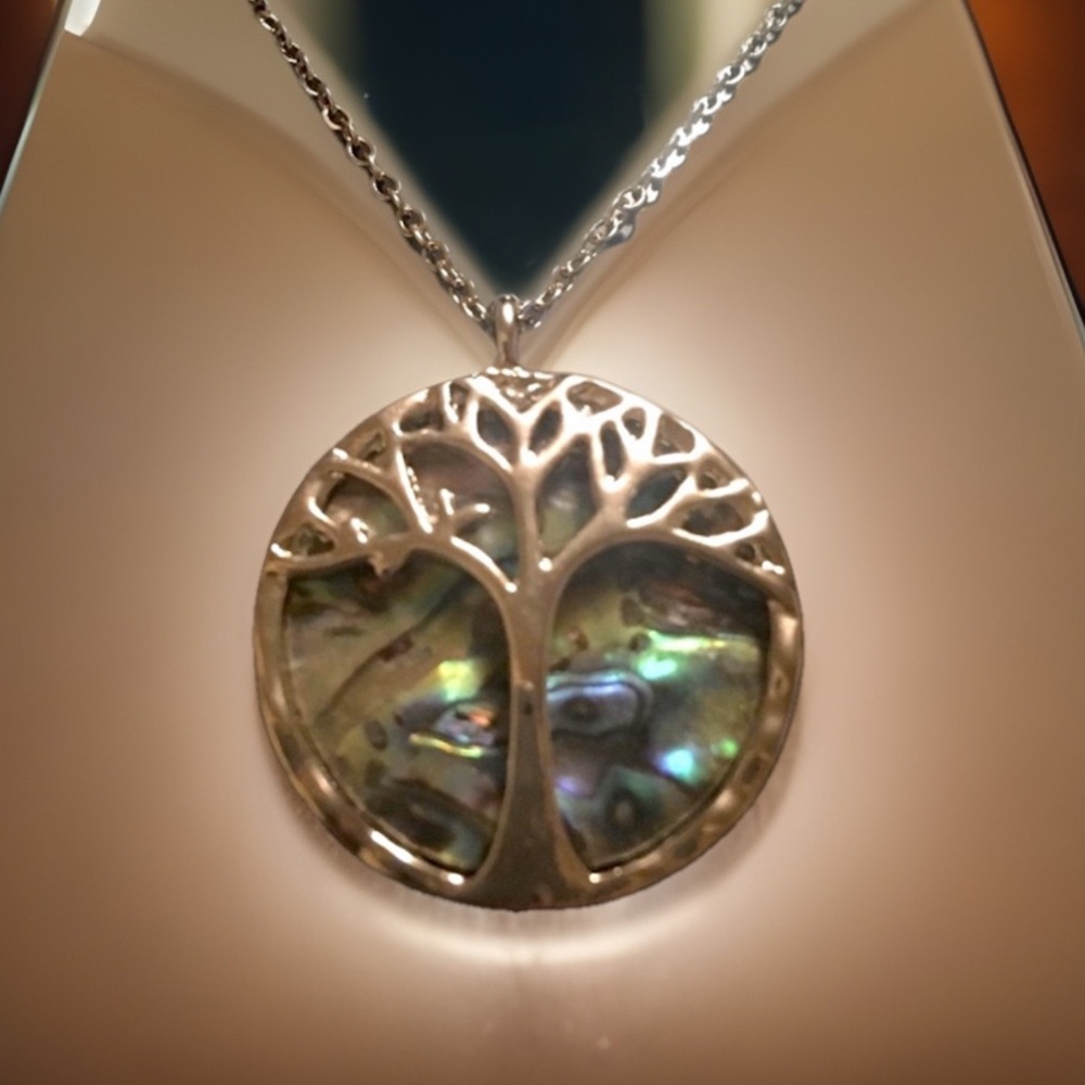 Family Tree Made Of Natural Abalone Shell Pendant Necklace Incased In Silver